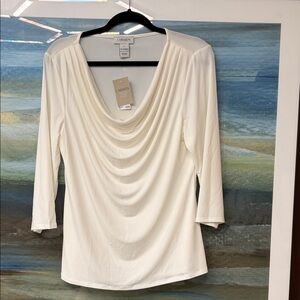 Carmen Marc Valvo Cream Draped Cowl Neck 3/4 Sleeve Top